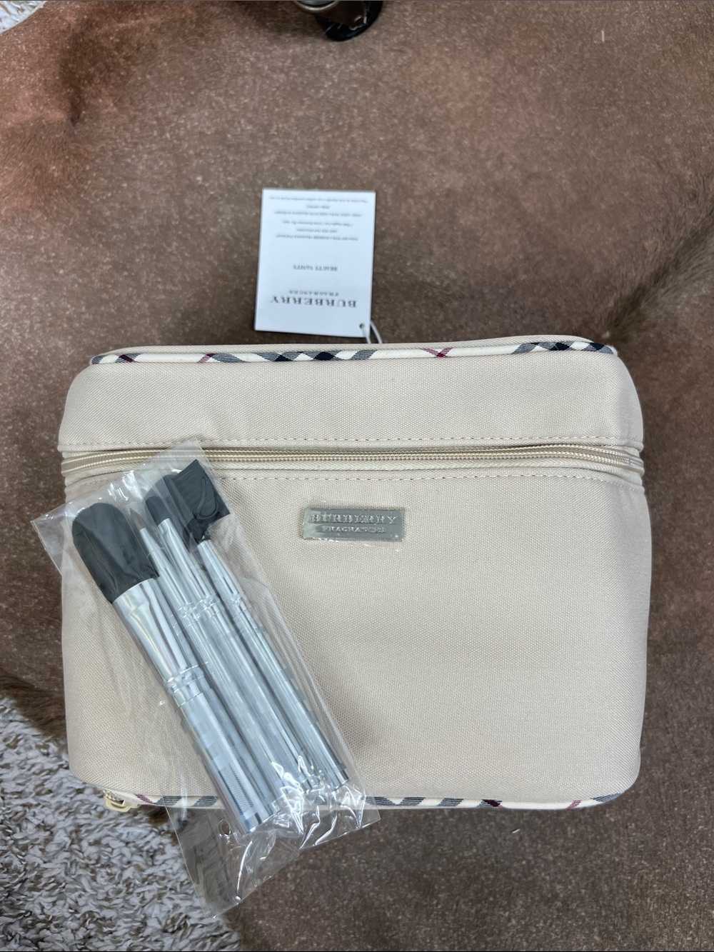 Burberry Travel Plaid Nova Check Canvas Globe Trotter Bag Beige Makeup Brush Set